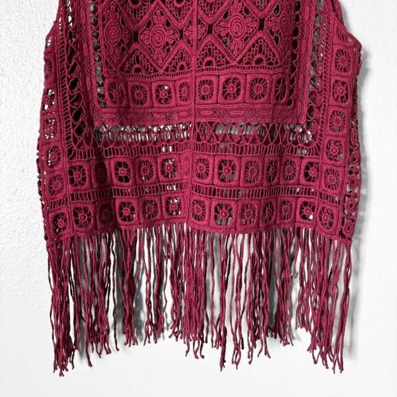 Active Crochet Fringe Burgundy Tank Top Womens Small Boho Festival Retro 70s - Picture 8 of 13
